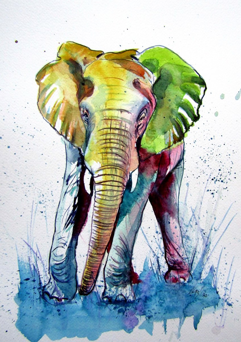 Impressionistic Animal Watercolour By Kovacs Anna Brigitta, 10 X 15", Happy Elephant, Original Artwork