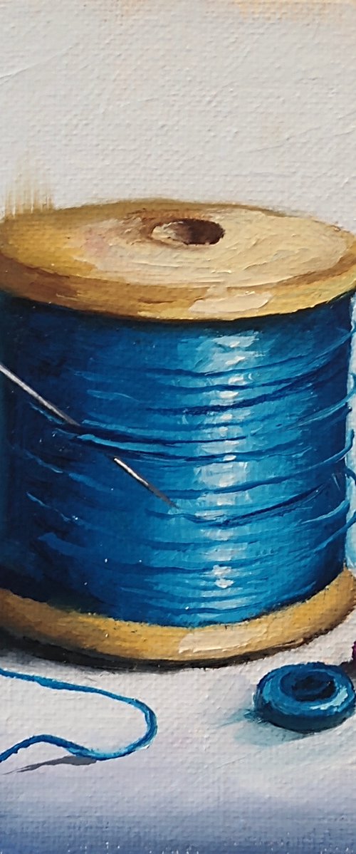 Blue Cotton and buttons still life by Jane Palmer Art