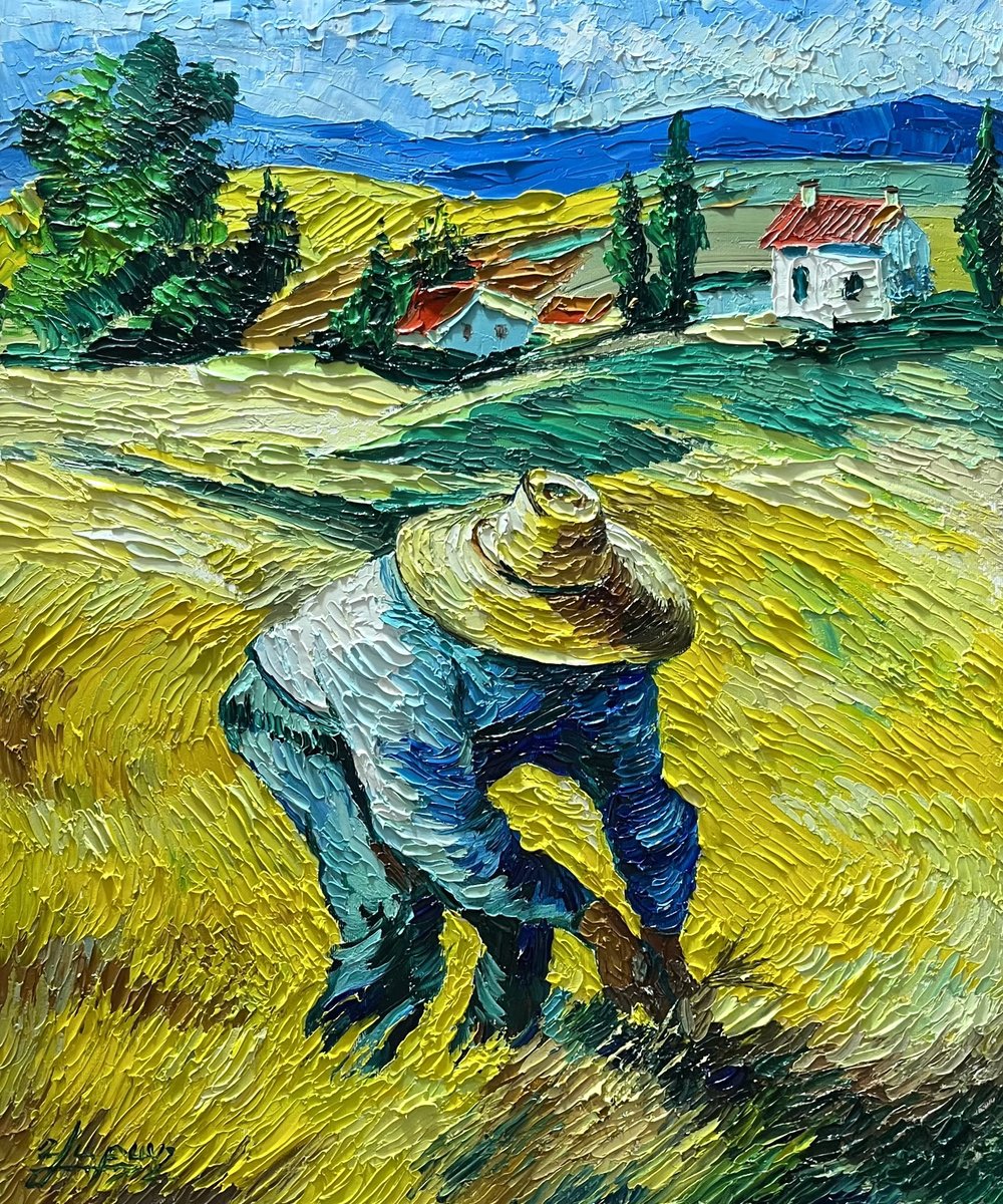 Impressionistic Landscape Oil Painting By Vahe Bagumyan, 20 X 24", Farmer In The Golden Fields, Original Artwork