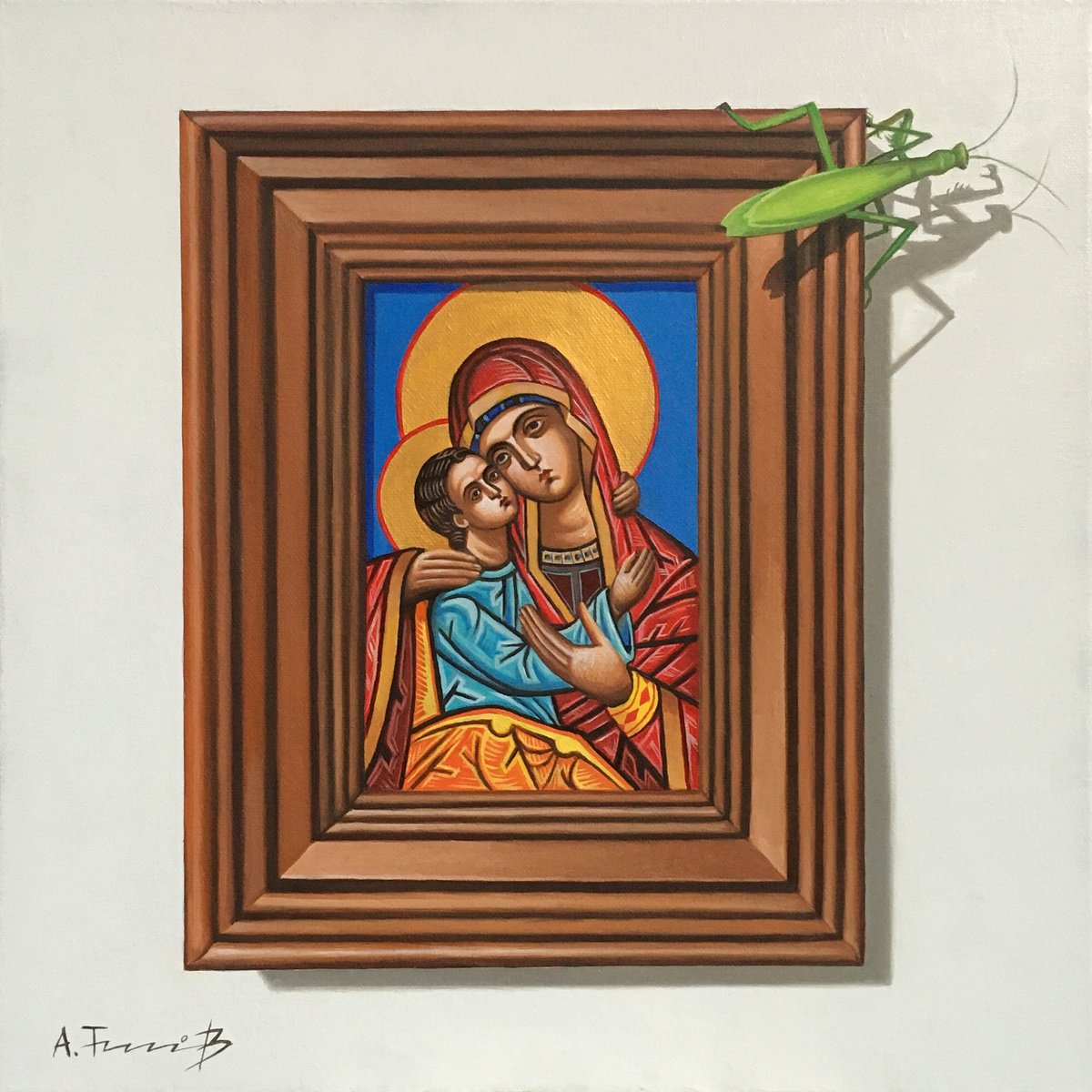 Photorealistic Oil Painting , Praying Mantis By Alexander Titorenkov, 16 X 16, Artwork For Sale On Artfinder