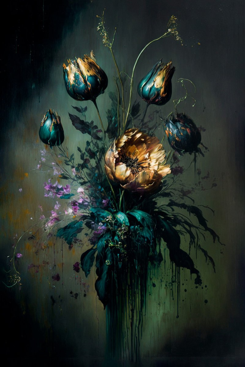 Botanical Painting By Teis Albers, 31 X 47", Teal And Gold, Original Artwork