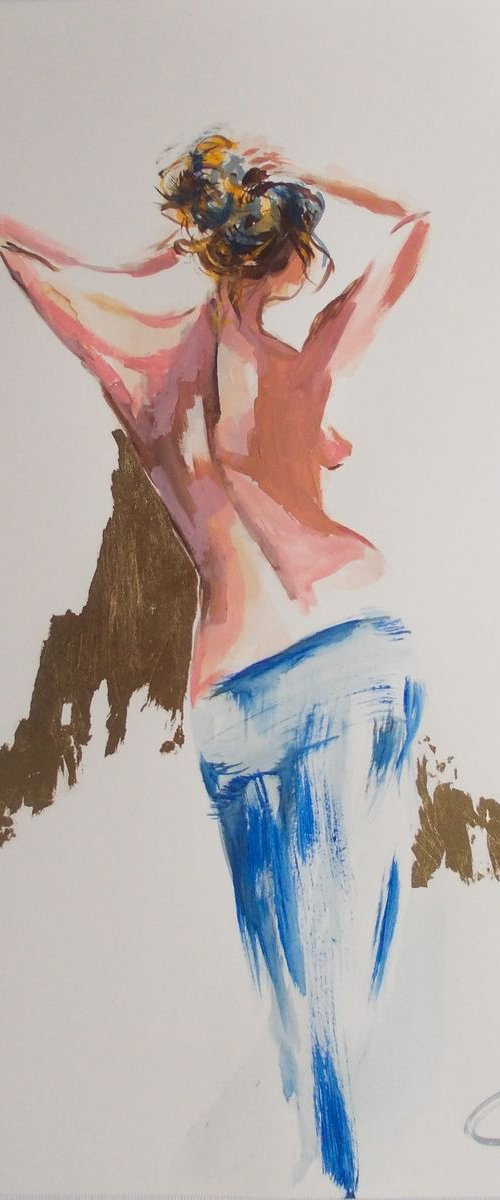 Nude Study -Golden Hour II- Mixed Media Nude Woman  Painting on Paper by Antigoni Tziora