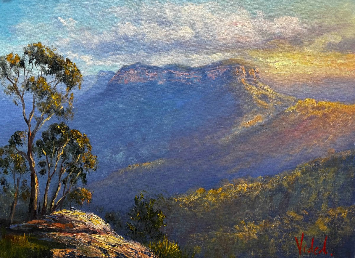 Impressionistic Landscape Oil Painting By Christopher Vidal, 16 X 12, Sunset At Mt Solitary, Original Artwork