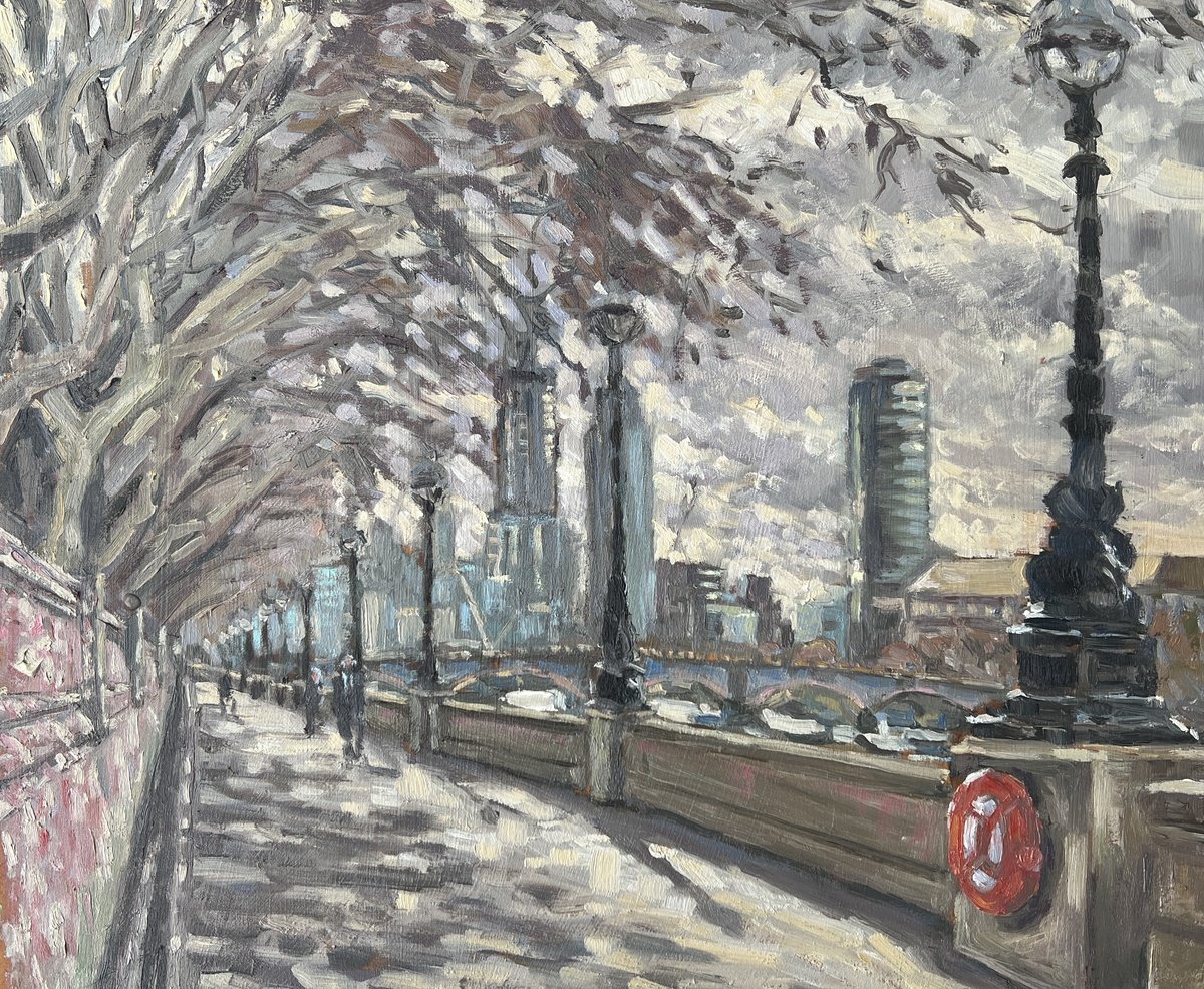 Impressionistic Cityscapes Oil Painting By Louise Gillard, 16 X 14", Southbank By The Covid National Memorial Wall, Artfinder