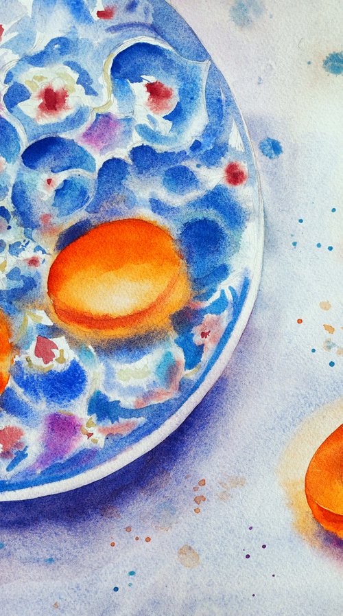 Still life with apricots on a turkish plate - original watercolor turquoise patterns by Delnara El