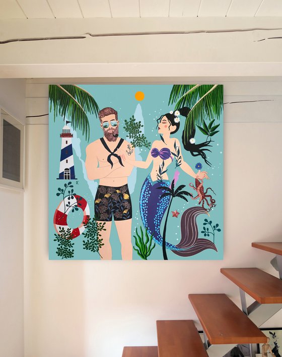 The Sailor and the Mermaid - Lighthouse - Art-Deco - Summer - XLarge painting