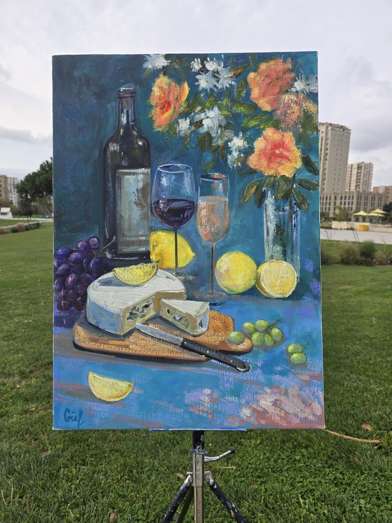 Evening Still Life with Wine and Citrus