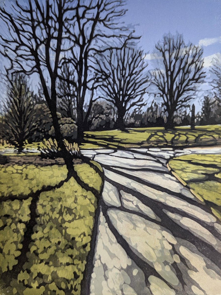 Impressionistic Landscape Linocut By Alexandra Buckle, 8 X 10, Waterperry Shadows, Original Artwork