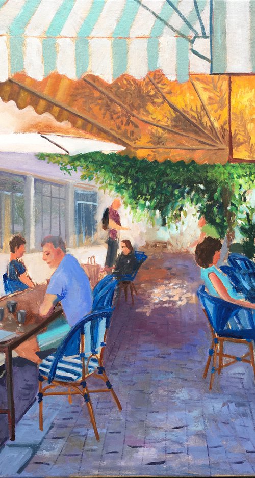 South Tel-Aviv restaurant, people eating, Israeli cityscape by Leo Khomich