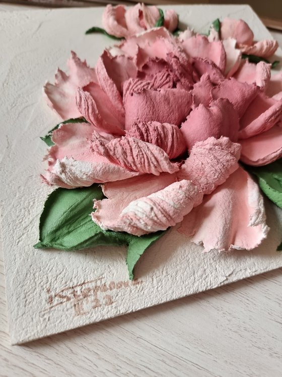 Peony flower panel. Small ceramic sculpture 3d flower with maroon petals. Tender peony botanical bas- relief. Maroon Peony 3 - 3d painting