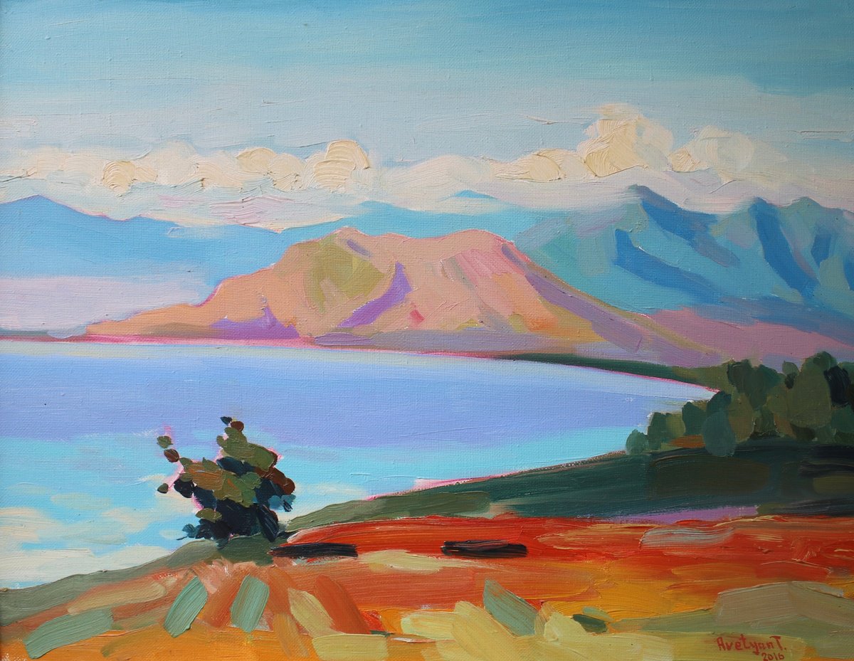 Expressive Landscape Oil Painting By Tigran Avetyan, 28 X 22", Lake Sevan, Original Artwork