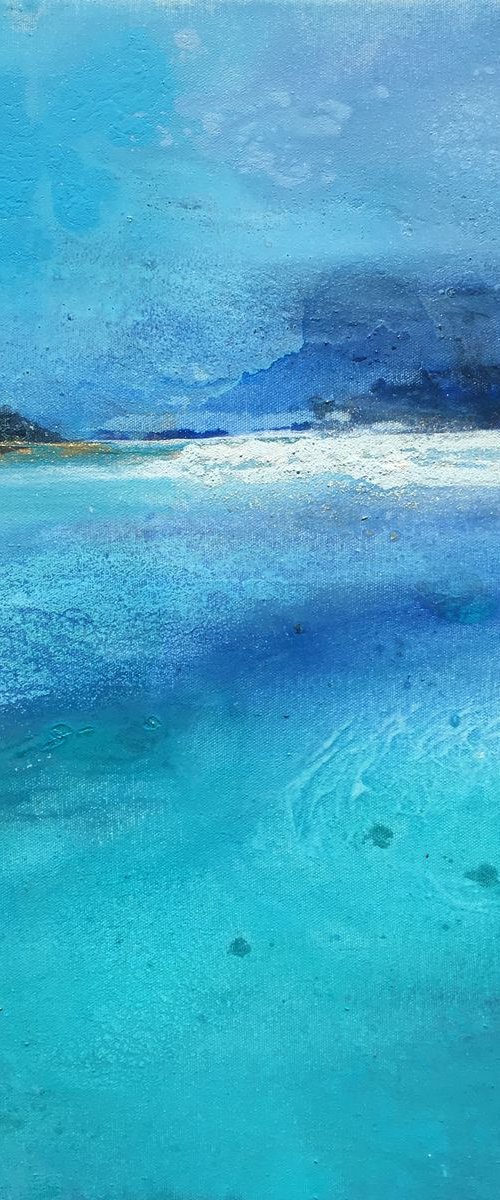 "The end of summer" abstract seascape dreamy atmospheric blues and turquoise with gold leaf by Henrieta Angel