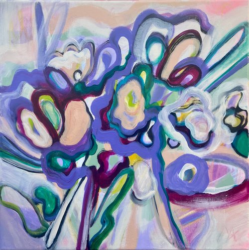 HOPEFUL TULIPS- a square 50 x 50 cm abstract floral painting by Yulia Ani