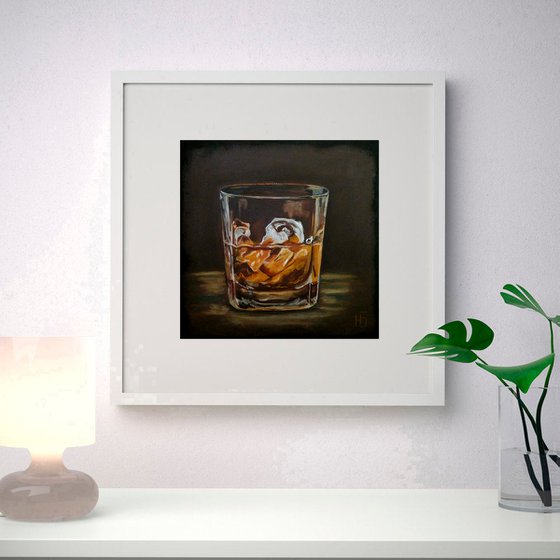 The glass of whiskey, Bourbon Painting Original Art Whiskey Ice Wall Art Cocktail Artwork