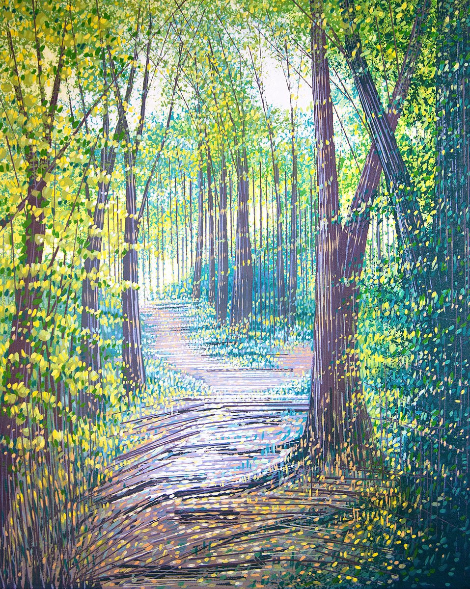 Impressionistic Landscape Acrylic Painting By Marc Todd, 24 X 30", Sunlit Forest Path, Original Artwork
