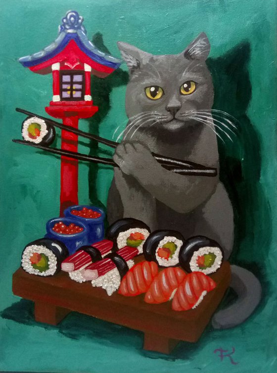 Grey Cat With Sushi