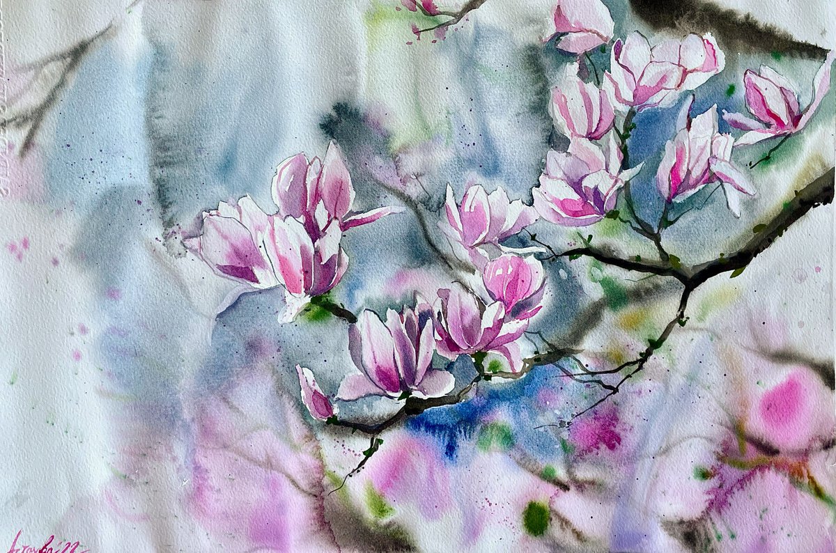Impressionistic Botanical Watercolour By Ksenia Astakhova, 22 X 15", Magnolia Branch, Original Artwork