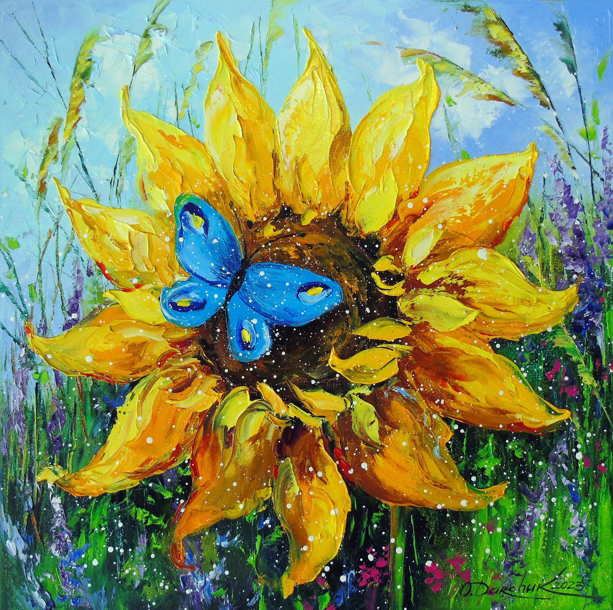 Impressionistic Botanical Oil Painting By Olha Darchuk, 20 X 20", Sunflower And Butterfly, Original Artwork