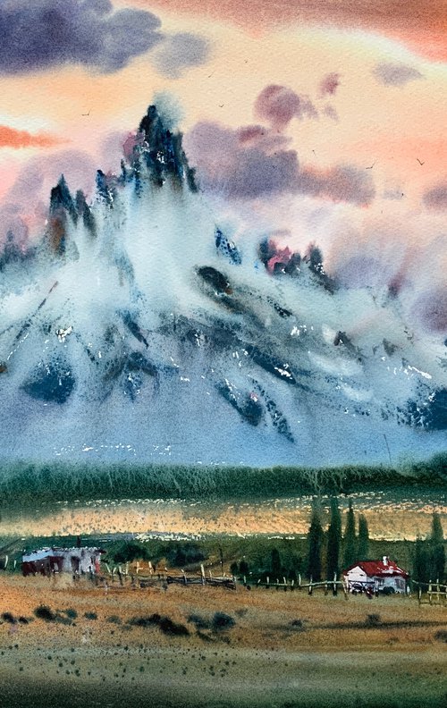Mountainscape with orange sunset by Eugenia Gorbacheva