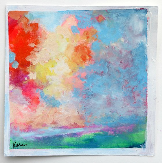 Spring Sky Study 8x8" Small Colorful Cloud Painting on Paper