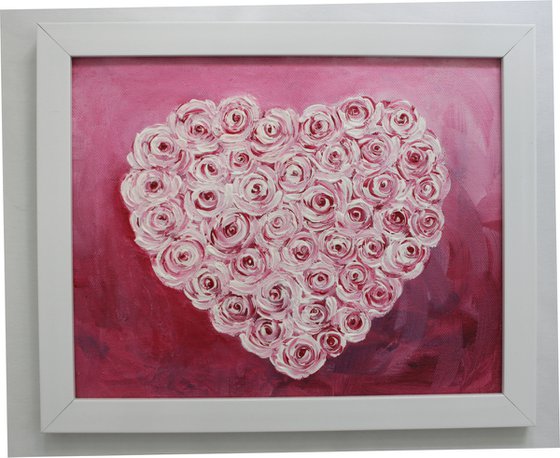 Heartful of roses - Be my valentine ! - Acrylic painting on unstretched canvas and framed - ready to hang - gift
