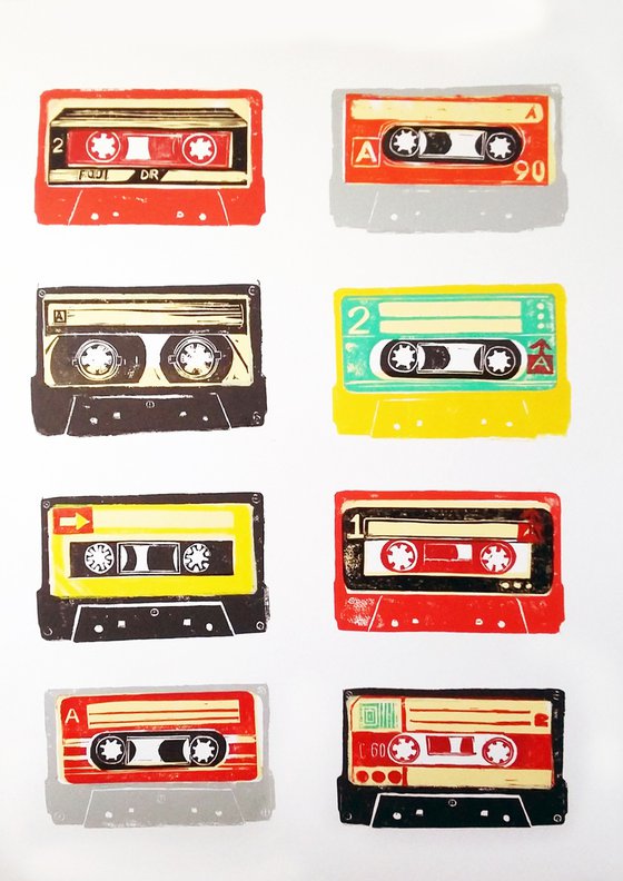 Linocut tapes #50 (cassette tapes, retro music, 70's, 80's rock culture)