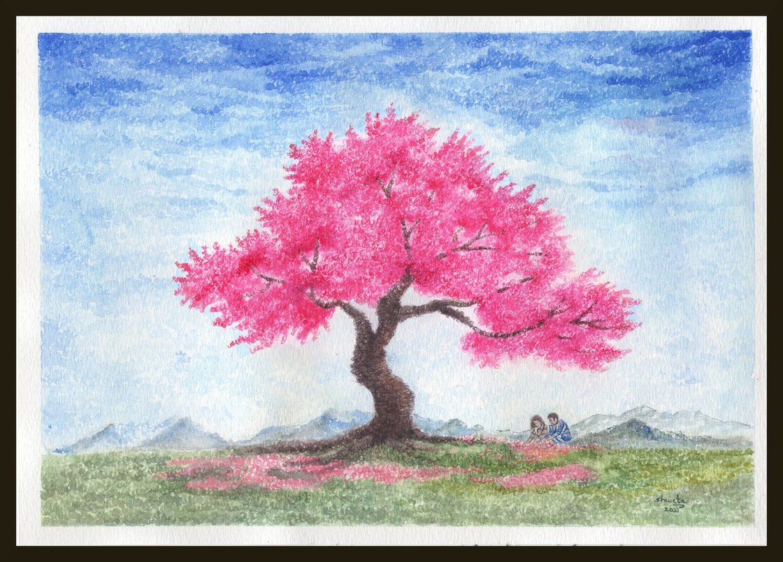 Reading Book on a Sakura Tree - Art Print of original Watercolor painting  white cats love cherry blossom Whimsical , children, spring, girl