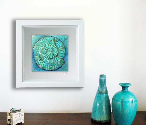 Fossil #2 (ammonite textured painting with gold highlights ) Framed ready to hang original