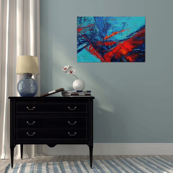 Large Abstract Blue Turquoise Red Landscape Painting. Modern Textured Art. Abstract. 61x91cm.