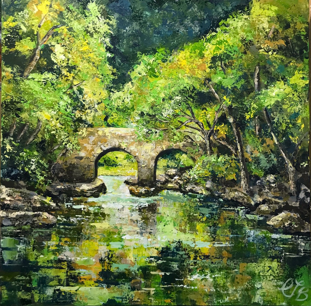 Impressionistic Landscape Acrylic Painting By Colette Baumback, 24 X 24, The Meeting Of The Waters, Original Artwork