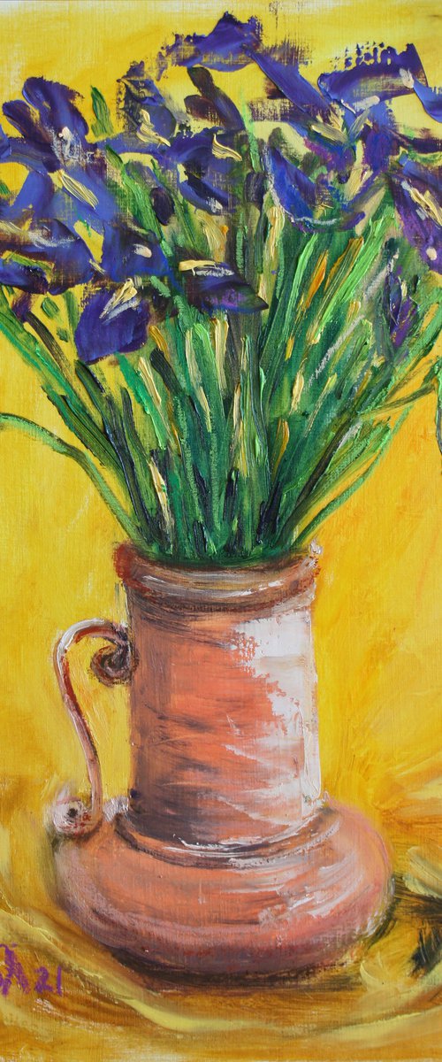 Irises in a Clay Vase I /  ORIGINAL PAINTING by Salana Art Gallery