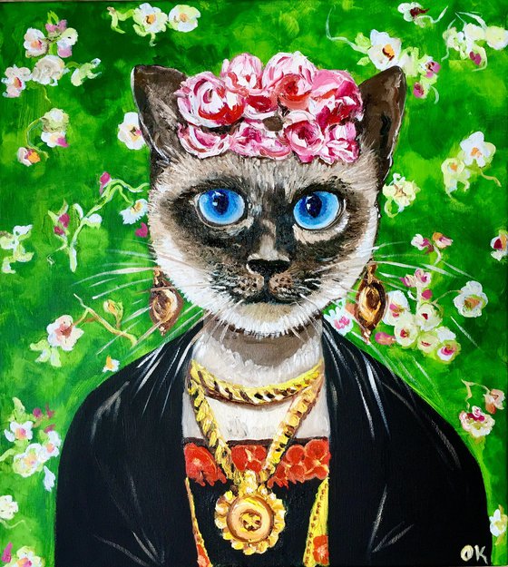 Siamese cat Frida Kahlo inspired by her self-portrait  with pink roses .