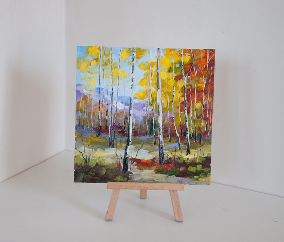 Birches. Oil painting. Forest landscape. Miniature. 6 x 6 in.