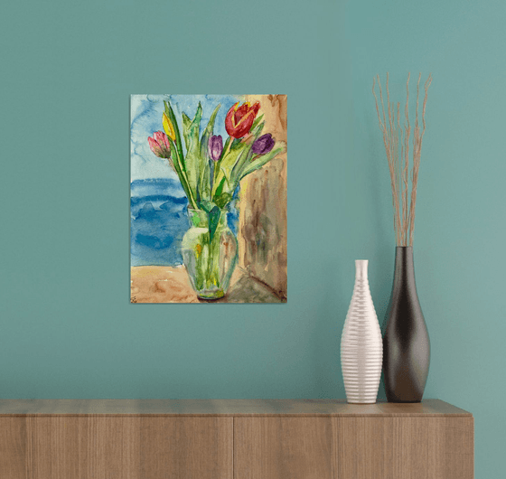 Tulips Original Watercolor Painting, Mothers Day Gift, Boho Colorful Wall Decor