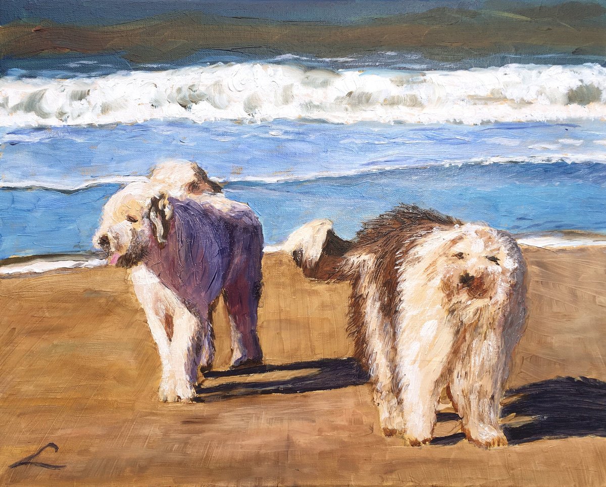 Impressionistic Animal Oil Painting By Elena Sokolova, 20 X 16, Shaggy Dogs, Original Artwork