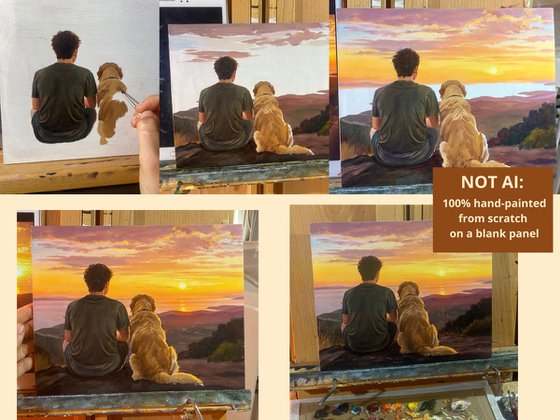 Personalized dog and owner oil portrait