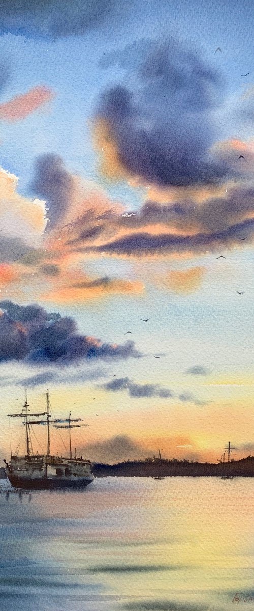 Anchored Sailing Ship by Eugenia Gorbacheva