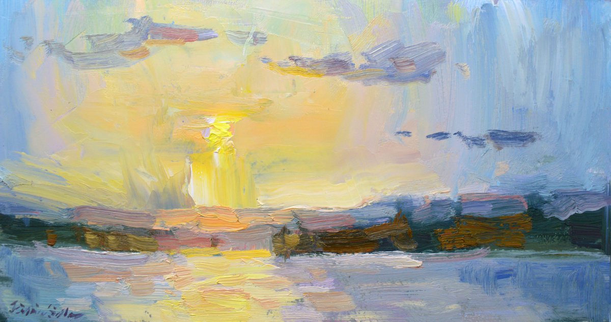 Impressionistic Landscape Oil Painting By Kristina Sellers, 12 X 6", Summer Sunset, Original Artwork