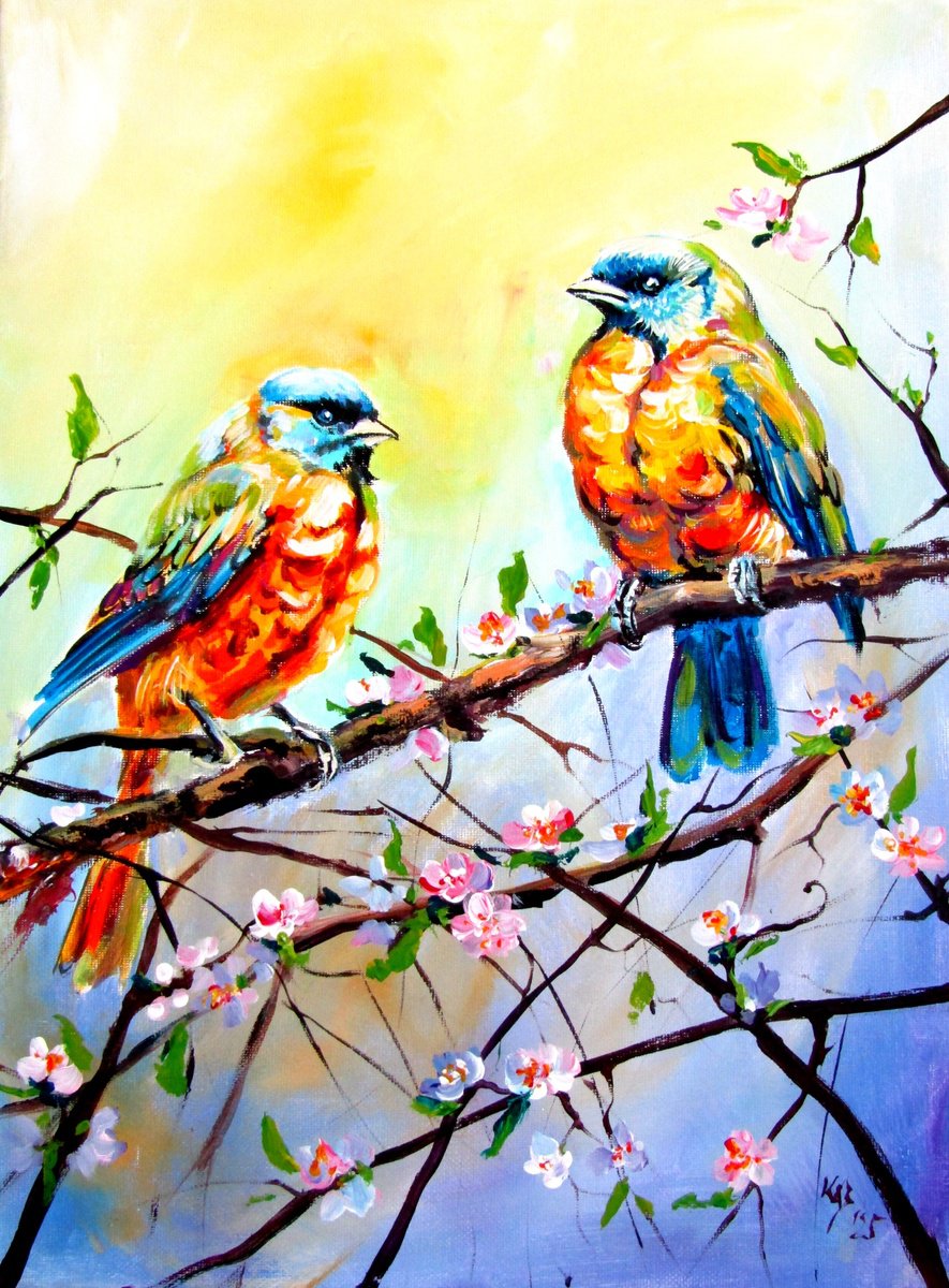 Impressionistic Animal Acrylic Painting By Kovacs Anna Brigitta, 12 X 16", Birds With Flowering Branch, Original Artwork