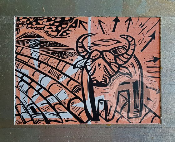 Ox, one of a kind lino print