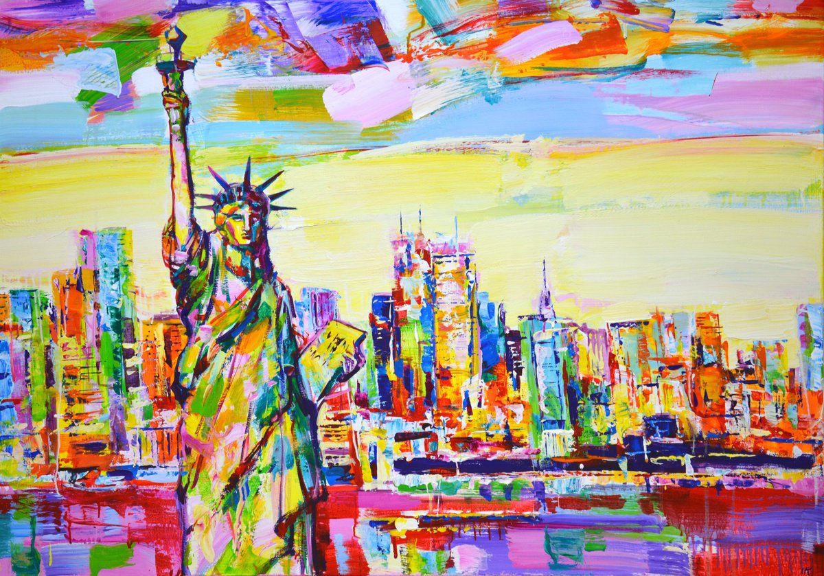 Expressive Cityscapes Acrylic Painting By Iryna Kastsova, 51 X 35, New York. Statue Of Liberty., Original Artwork