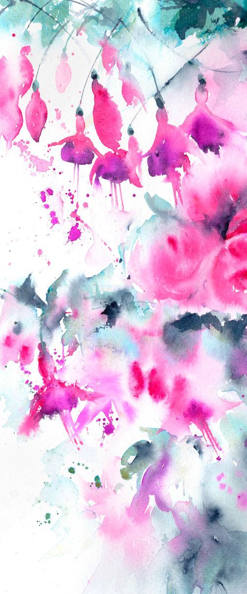 Fuchsias and roses by Anjana Cawdell