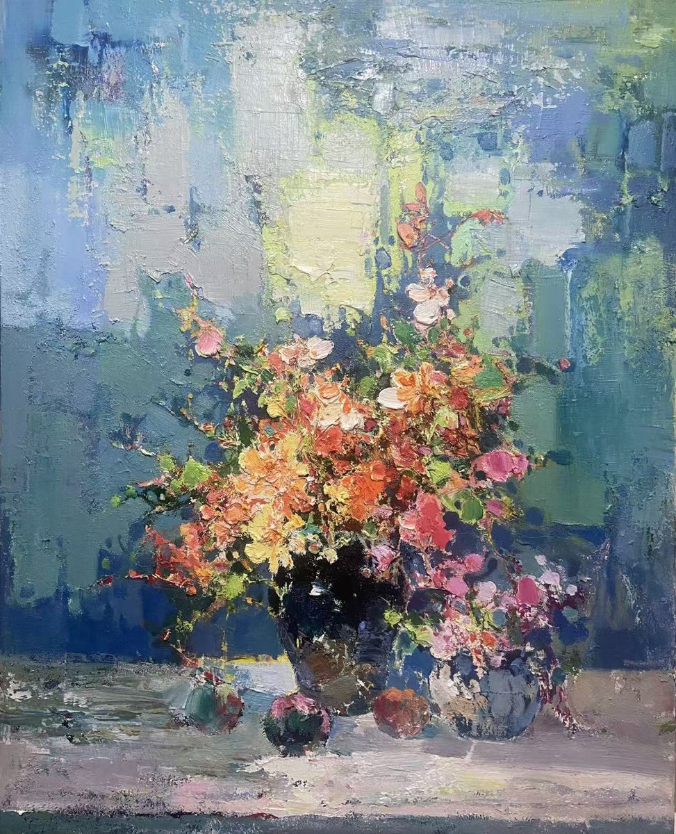 Impressionistic Botanical Oil Painting By Kunlong Wang, 31 X 39", Flowers In Vase T248, Original Artwork