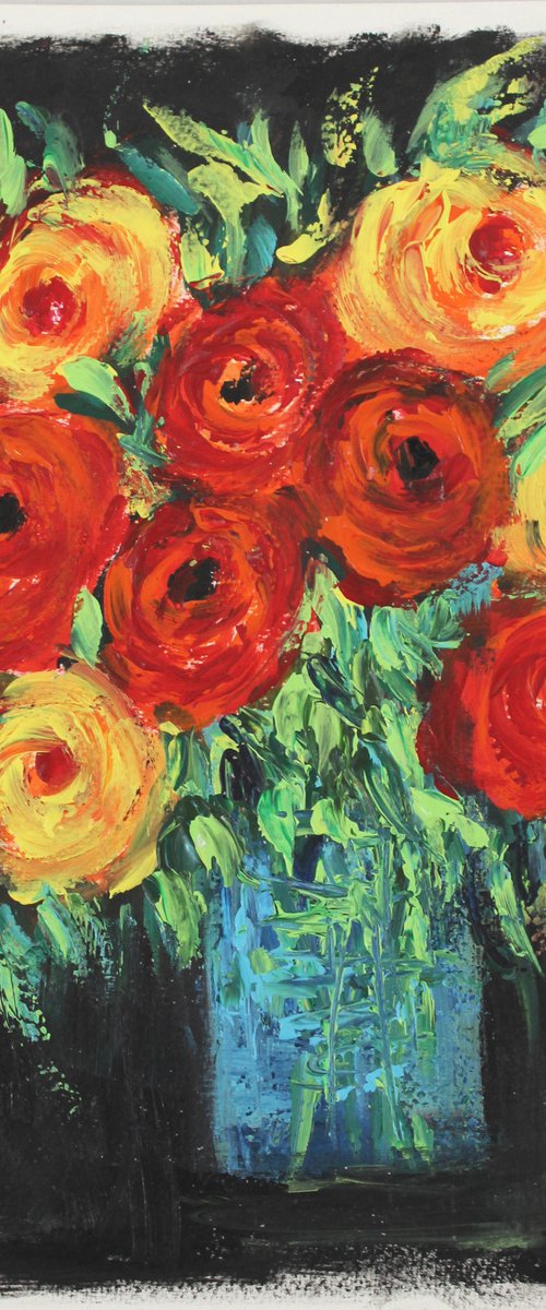 "You are amazing!" - Floral still life artwork - palette knife and brush work - impressionistic flower vase- roses by Vikashini Palanisamy
