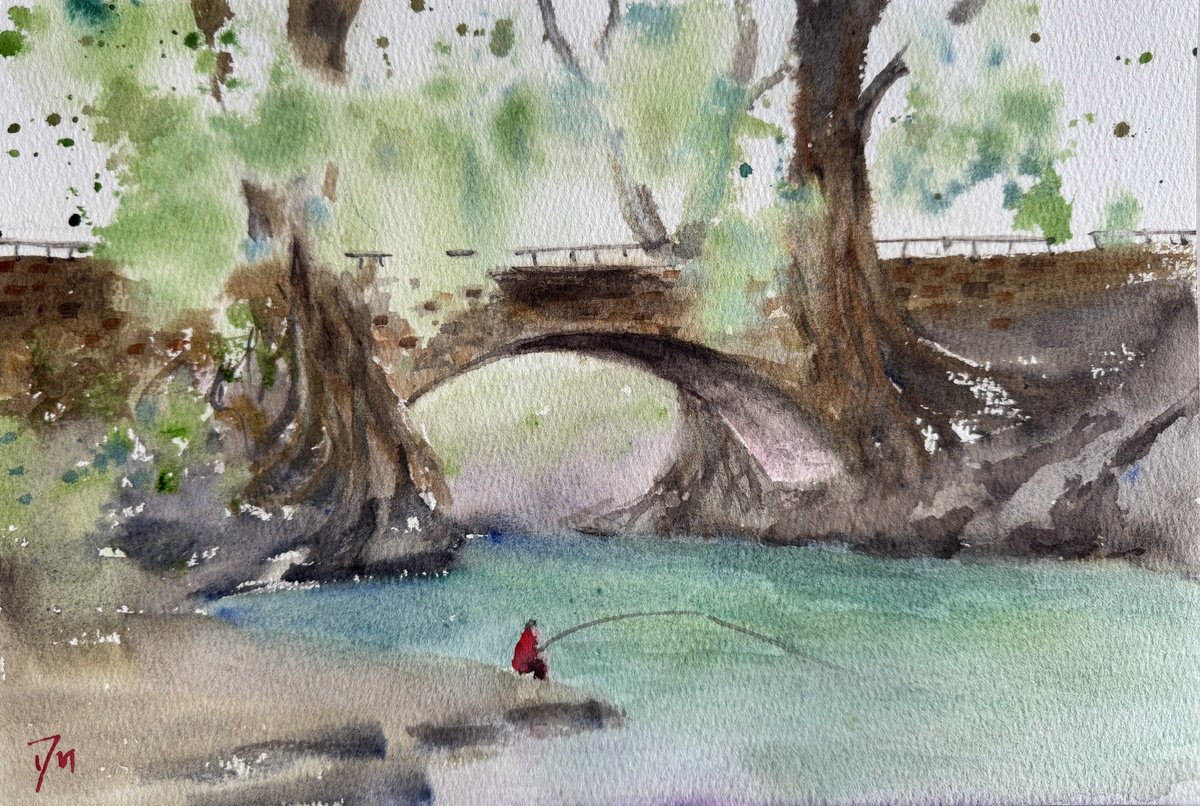 Impressionistic Landscape Watercolour By Shelly Du, 12 X 8", Old Bridge With Old Trees, Original Artwork