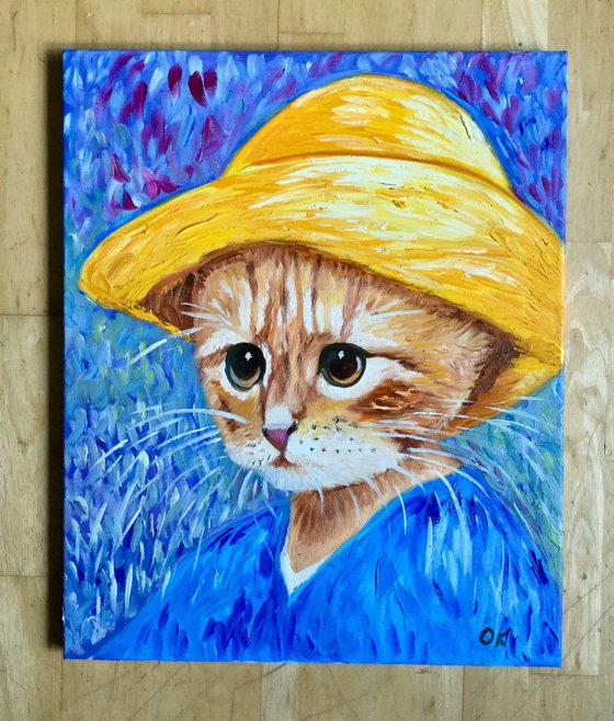 Cat La Van Gogh in a straw hat modern oil painting feline art Van Gogh influence art for animal lovers