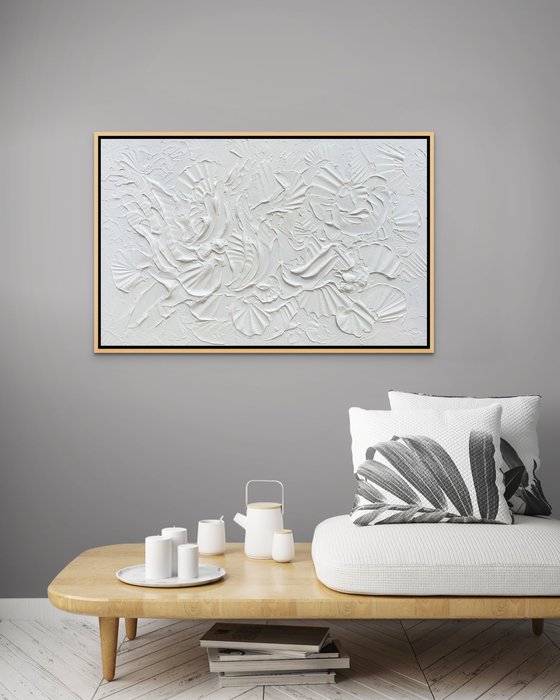 WHISPER. Abstract White Textured 3D Art, Coastal Painting