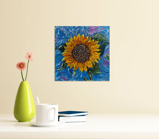 Abstract Sunflower with Blue Sky  Impasto Palette Knife Painting