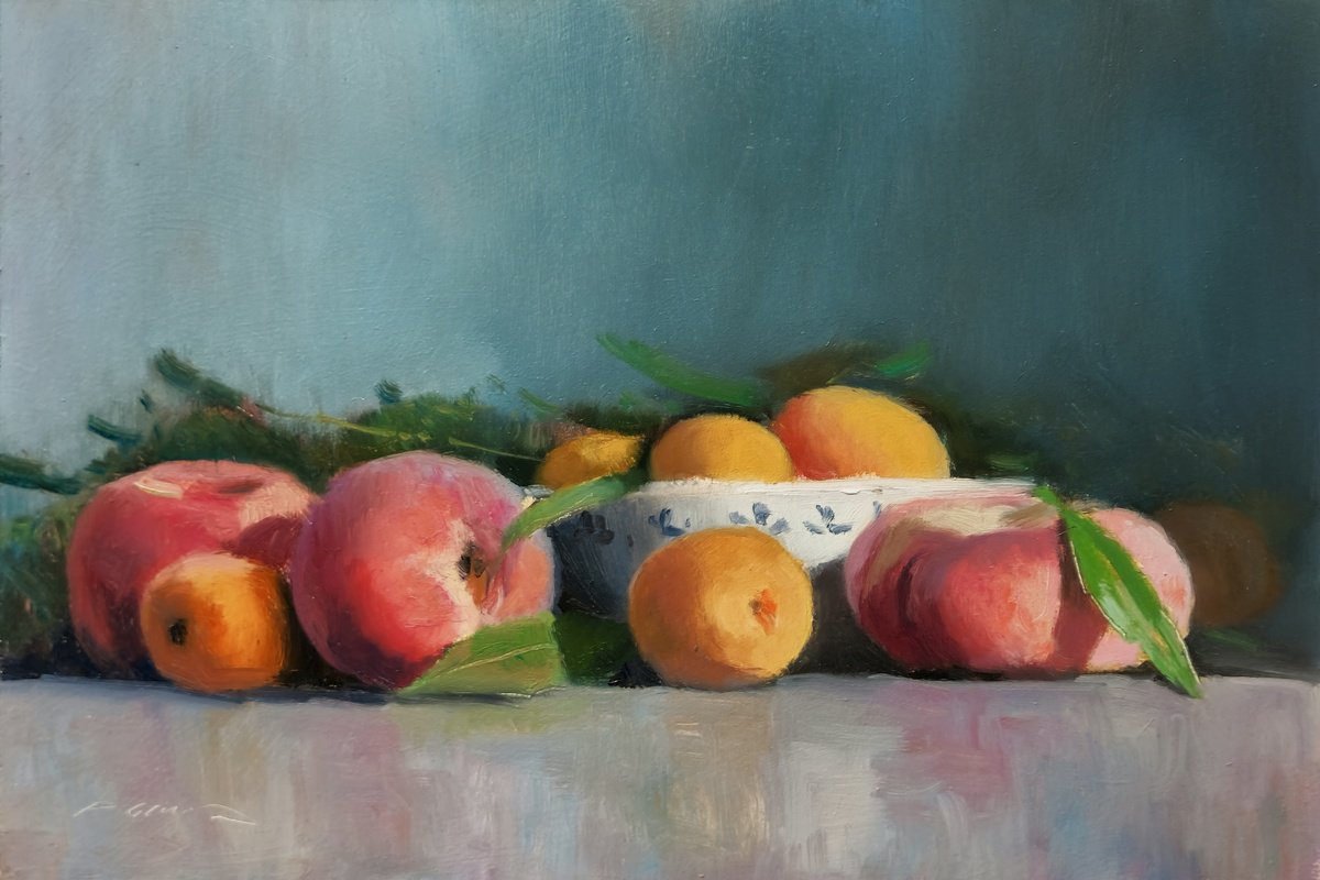 Impressionistic Still Life Oil Painting By Pascal Giroud, 12 X 8", Peaches And Apricots, Original Artwork