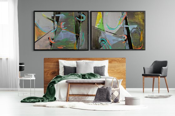 Super Big Abstract - "Space abstract" - Diptych - Geometric abstract - 90x260cm